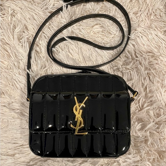 SAINT LAURENT Vicky Medium YSL Monogram Quilted Black Patent Camera Bag EUC - Picture 4 of 8